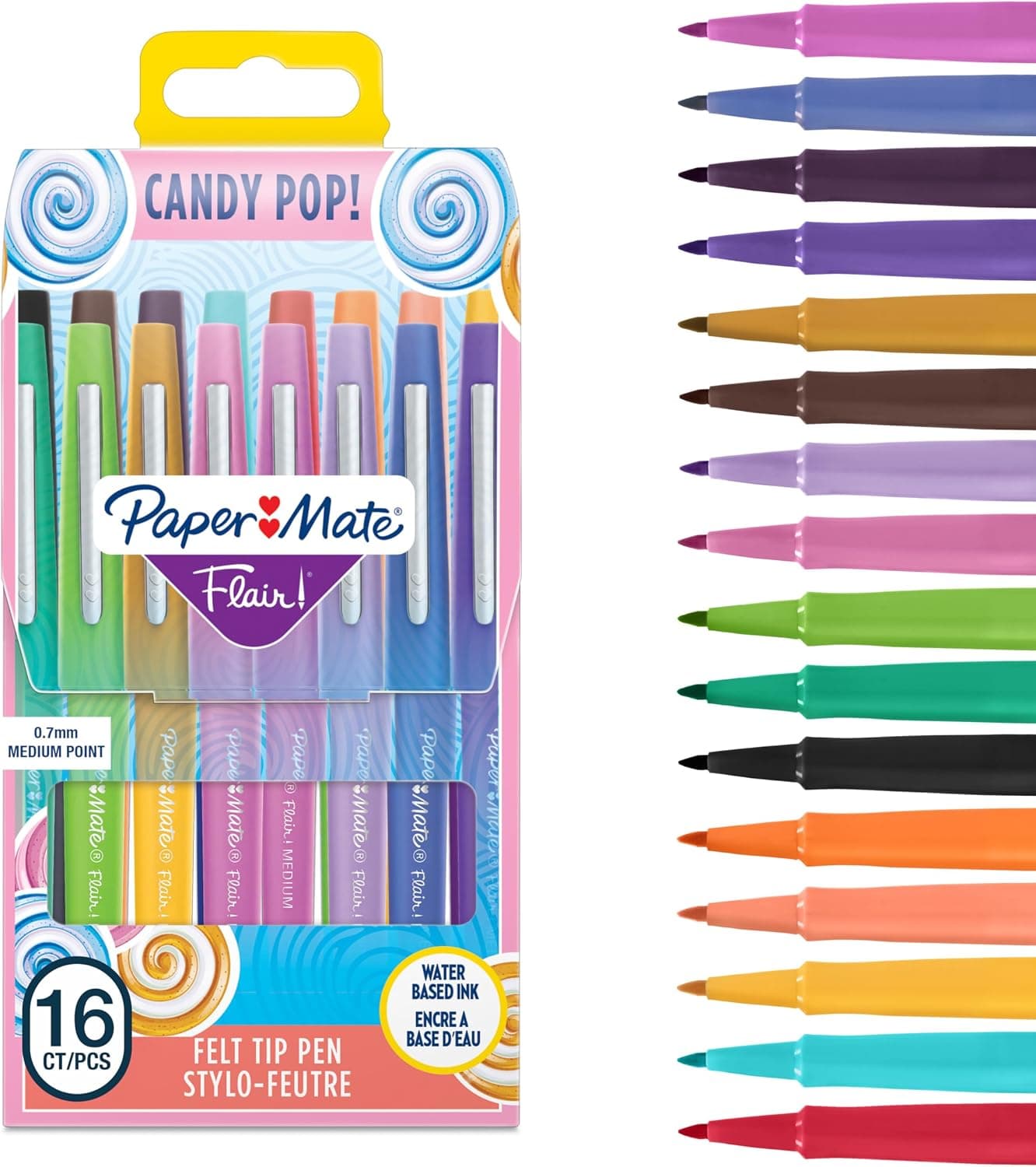 Paper Mate Flair Stylos feutres | Feutres de coloriage sans fuite à pointe moyenne (0,7 mm) | Idéal pour écrirecoloriage (adultes et enfants) scrapbookingetc. | Couleurs Candy Pop | Lot de 16