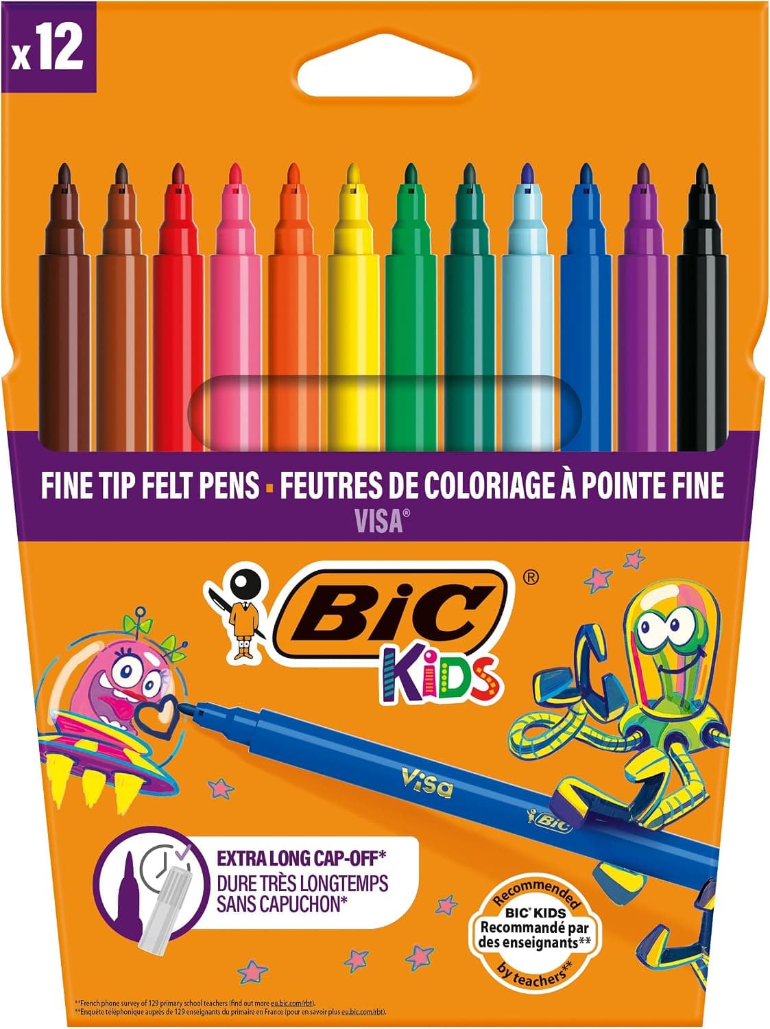 BIC Kids Visa Feutres de Coloriage à Pointe Fine, Lavables, Encre à base d'eau - Couleurs Assorties, Etui Carton de 12