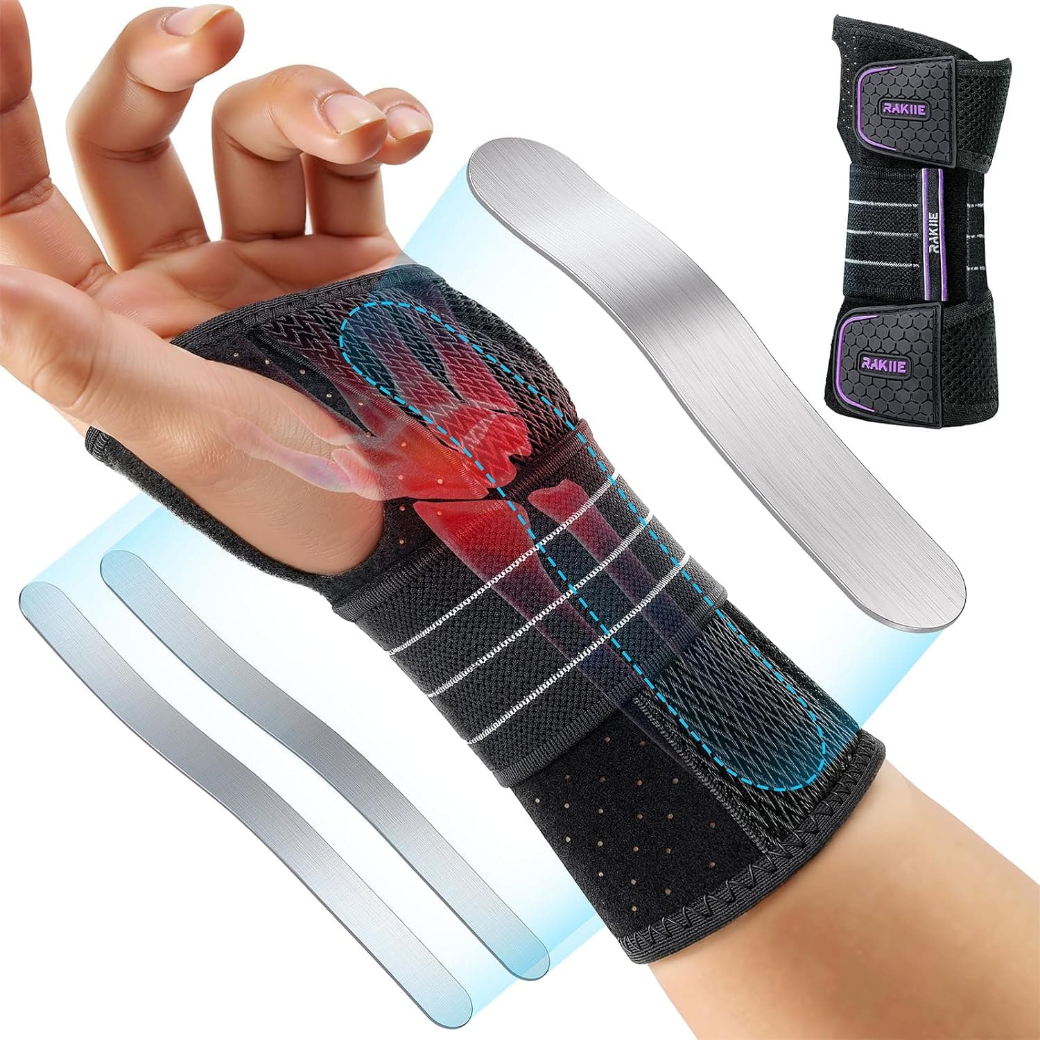 Rakiie Support de poignet, bandages de poignet réglables avec 3 attelles en métal, bandage de poignet pour hommes et femmes, pas de pression sur le pouce (Violet, L, Main gauche)