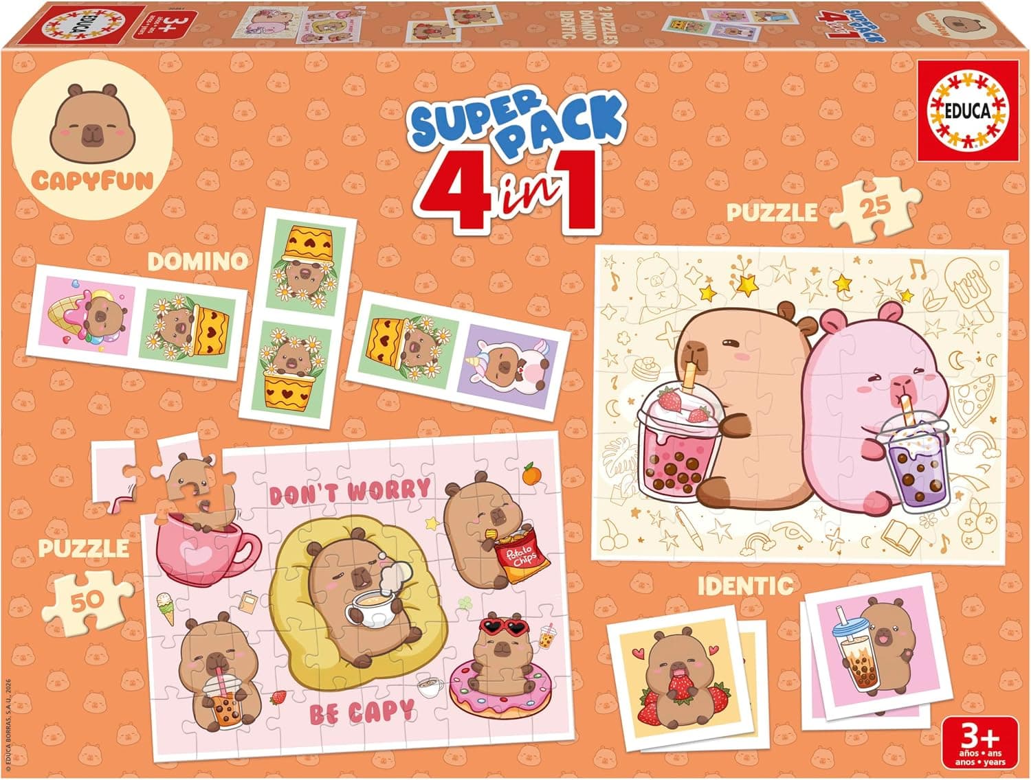 Educa - Superpack Capyfun 4 en 1 | Coffret Jeux Enfants : 2 Puzzles 25 et 50 pièces, Domino 21 pièces, Jeu Mémoire 28 Cartes | Personnage Capybara | Dès 3 Ans (20481)