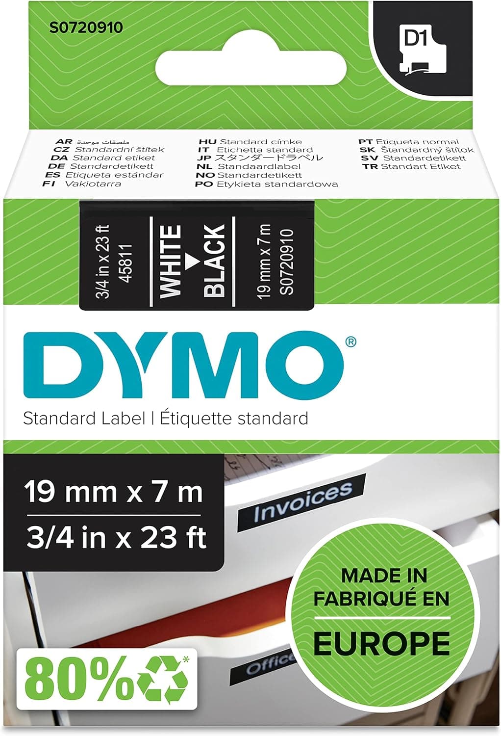 DYMO D1 Étiquette Standard, Blanc sur Fond Noir, 19 mm x 7 m