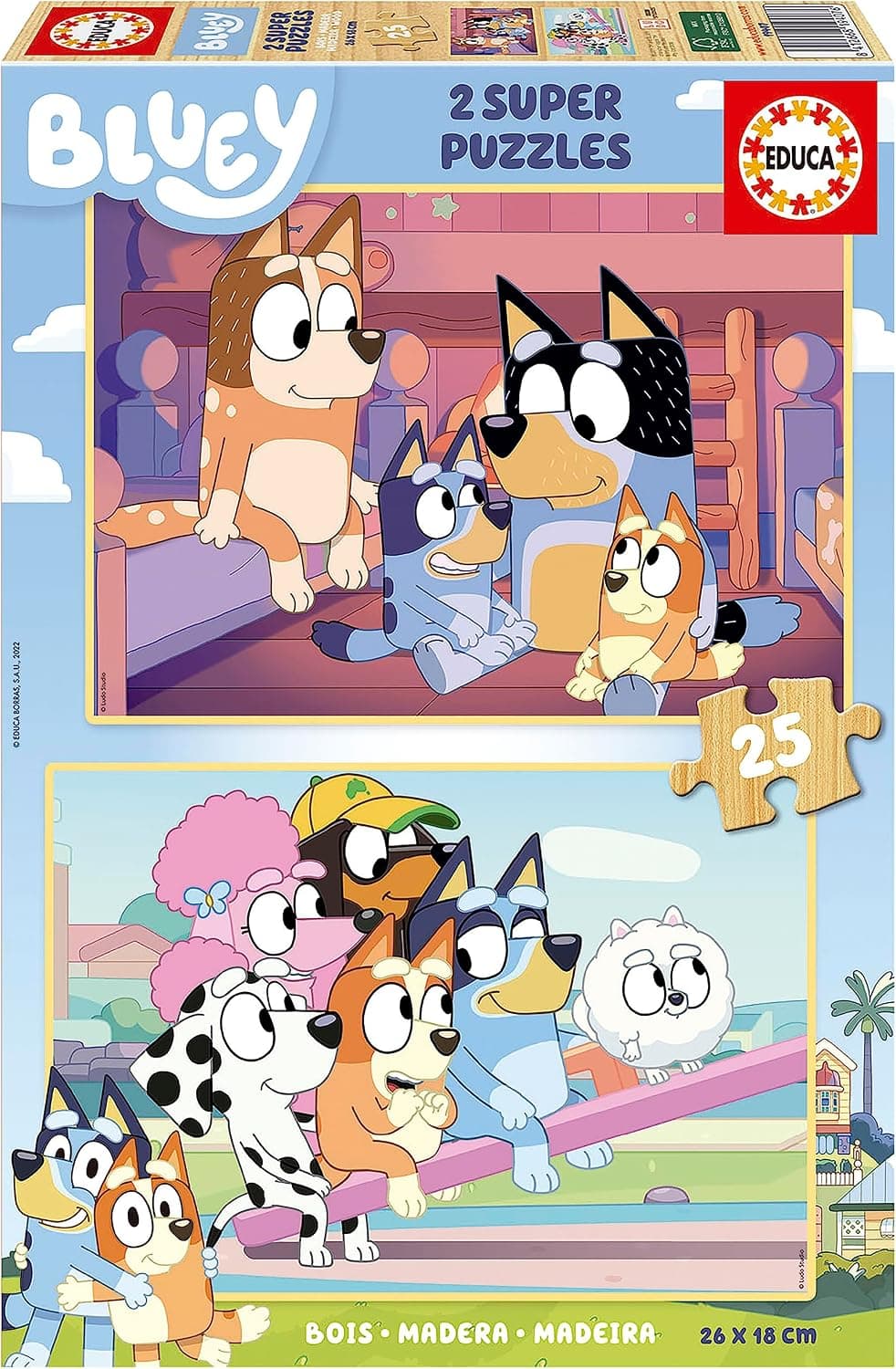 Educa - Bluey : Lot de 2 Puzzles en Bois pour Enfants de 25 pièces chacun. Dimensions: 26 x 18 cm. Composé de Grandes pièces Parfaitement finies. Recommandé pour Les Enfants de 4 Ans et Plus (19407)
