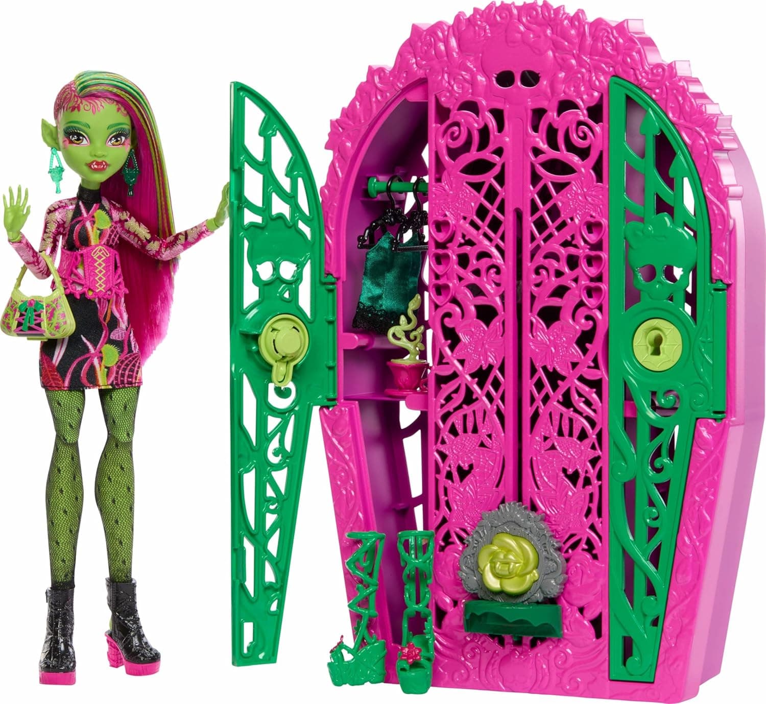 Monster High Coffret Monstrueux Secrets Énigmes du jardin avec poupée Venus McFlytrap, dressing et plus de 19 surprises pour l’heure du goûter, dont des vêtements pour poupée, HYT75