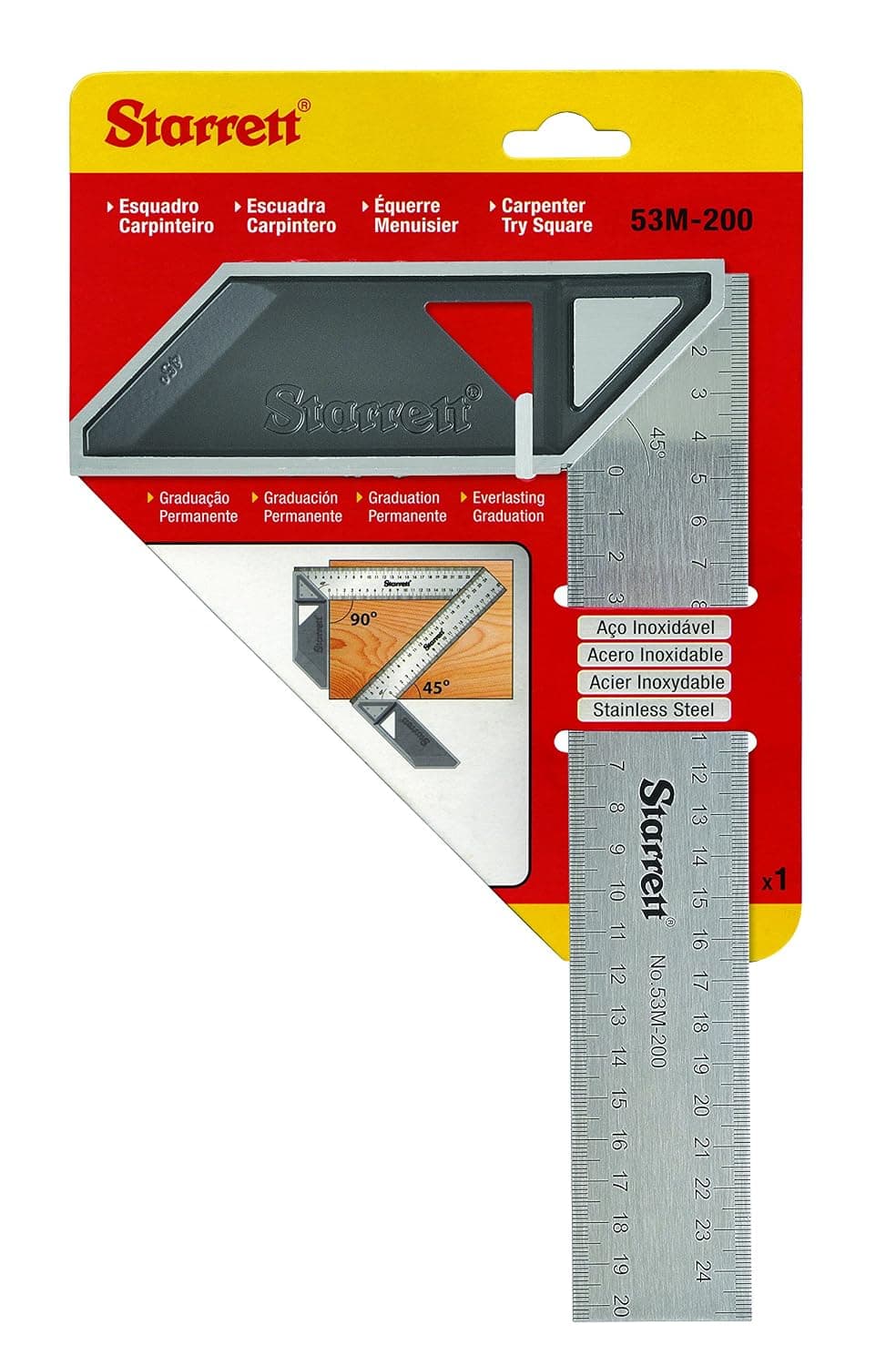 Starrett K53M-200-S Équerre de menuisier pour travail du bois - Équerre métrique de 200 mm