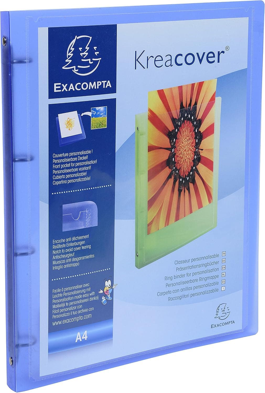 Exacompta Classeur PP Souple Personnalisable A4 4 Anneaux Bleu
