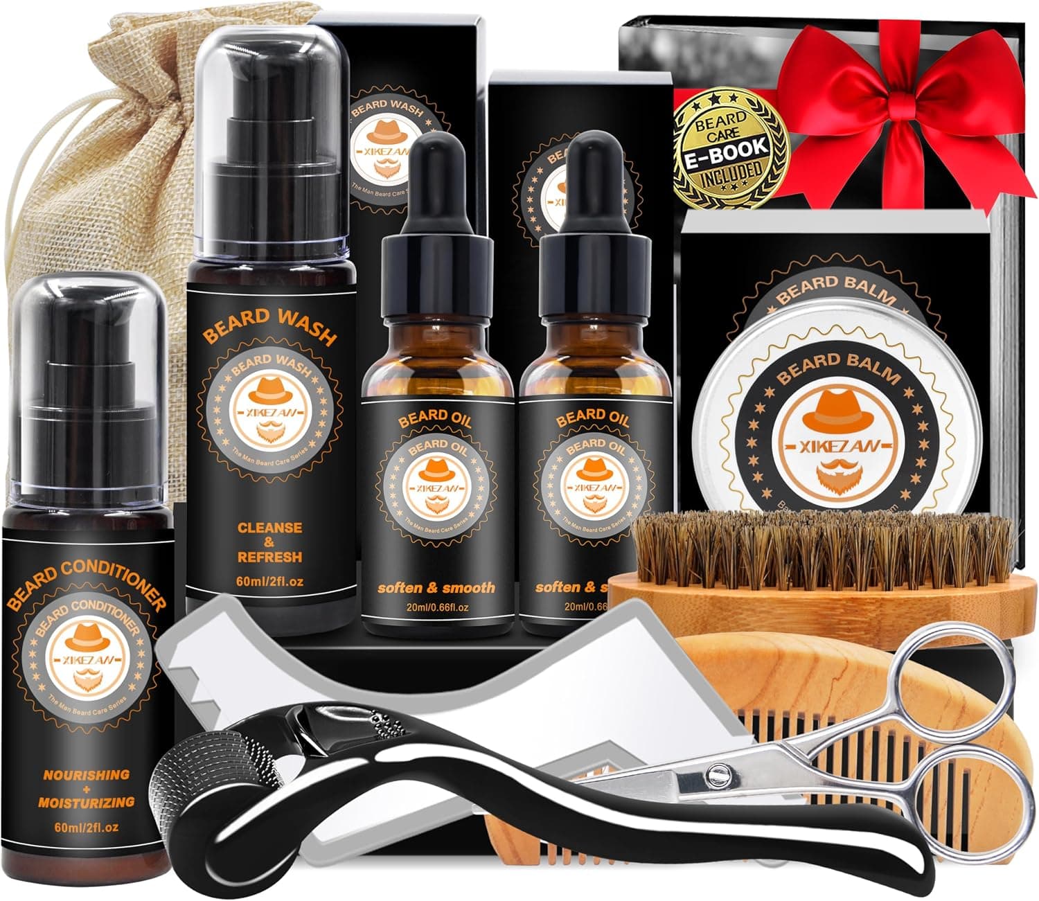 Coffret Kit Soin Barbe Homme,Idee Cadeau Homme Original pour Papa Frere Lui Mari Son Copain,Kit Entretien Barbe Complet ave Shampoing,Conditionneur,Huile,Baume,Roller,Shaper,Peigne,Brosse,Ciseaux,Sac