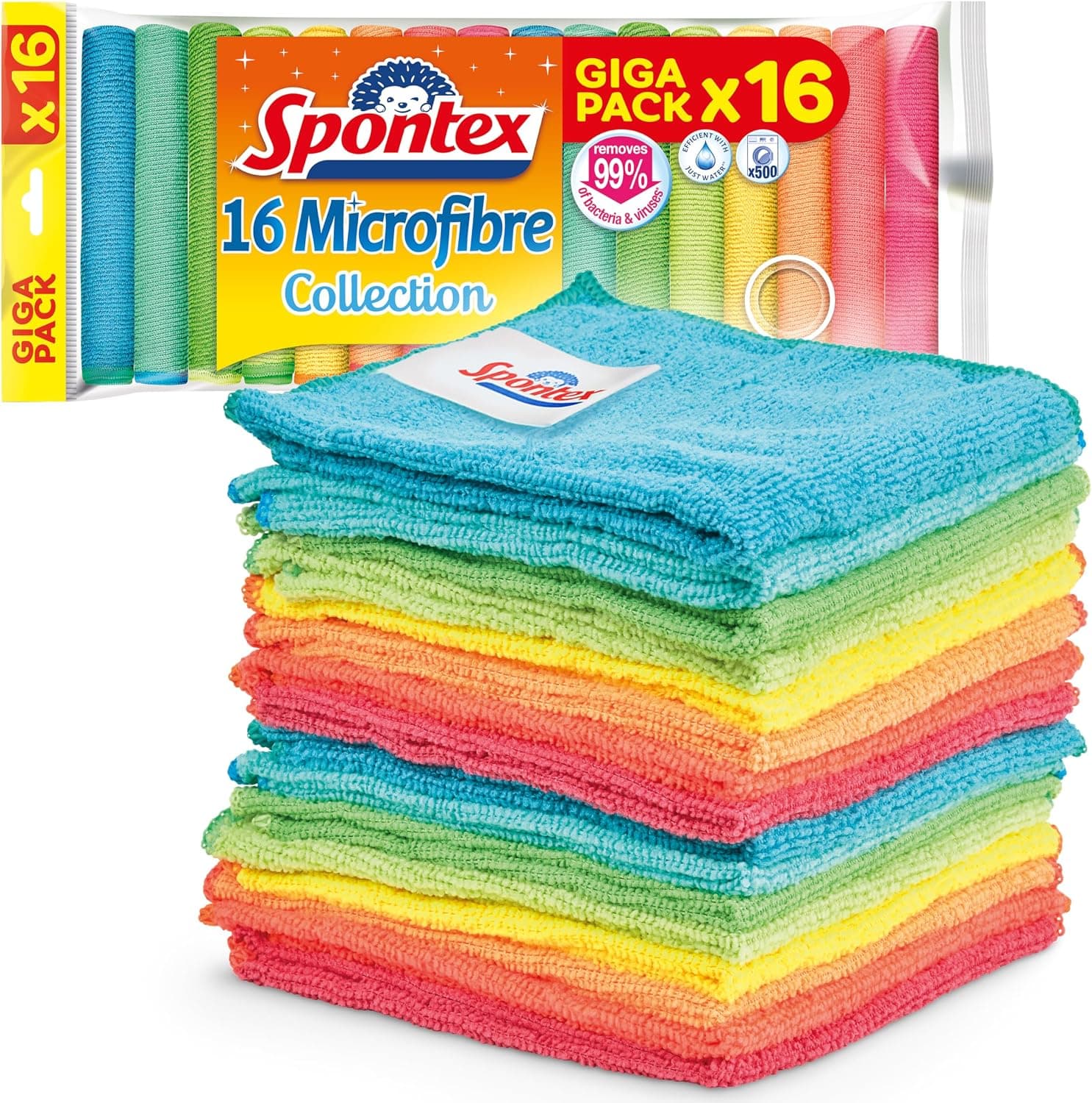 Spontex Microfibre Collection | Chiffons de Nettoyage Multi-Usages, Lavables à 40 °C, Cuisine et Salle de Bain | 30 x 30 cm, Lot de 16