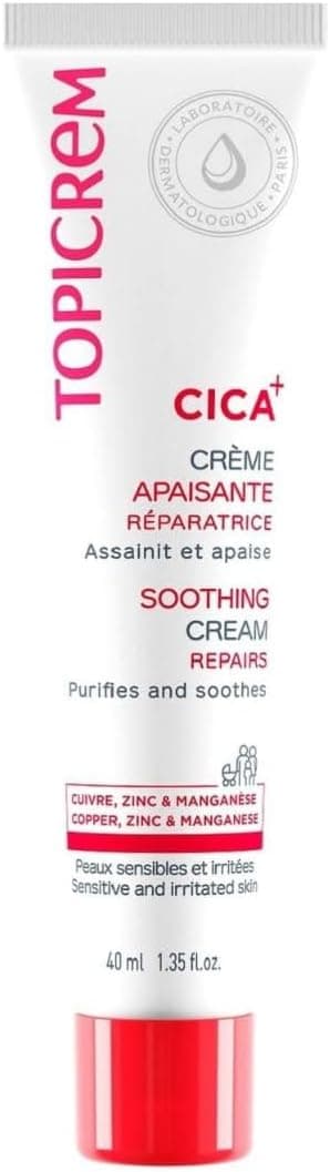 Topicrem - CICA+, Crème Apaisante au Zinc et à l’Acide Hyaluronique - Apaise les Irritations Cutanées - Soin pour Peau Sensible, Bébé, Enfant, Adulte - Fondante, sans Parfum - Tube 40 ml
