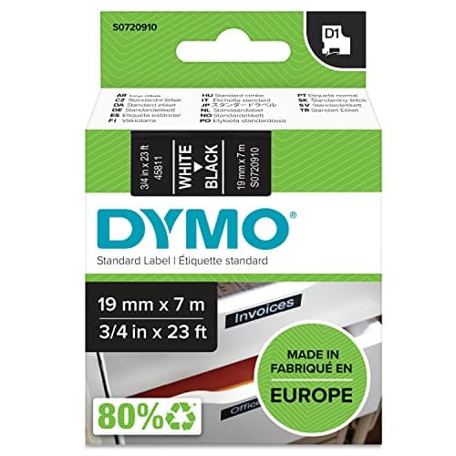 DYMO D1 Bande d'étiquettes standard Blanc sur Fond Noir 19 mm x 7 m