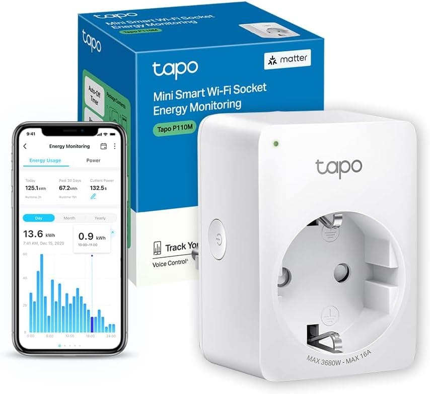 Tapo Matter Prise Connectée WiFi, Suivi de consommation, 16A Type F, Compatible avec Alexa, Google Home et SmartThings, Contrôler Le radiateur, Le Chauffage, Économie d'énergie, Tapo P110M
