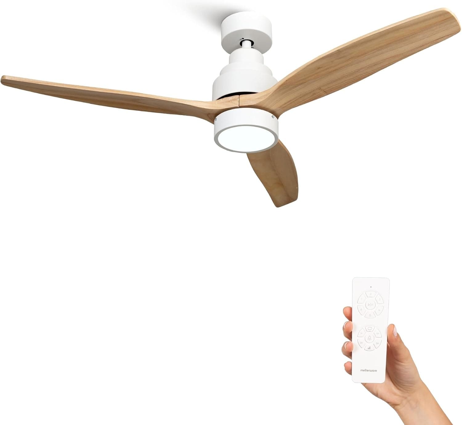 Mellerware - Ventilateur de plafond avec télécommande Brizy! Bright 45W | Lampe puissante | Ultra silencieux | 3 lames | Diamètre 132cm | 6 vitesses | Refroidissement + LED intégrée | Bois clair