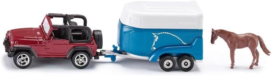 siku 1651, Jeep avec remorque pour chevaux, métal/plastique, multicouleur, 1 figurine cheval inclus, clapet de chargement ouvrable