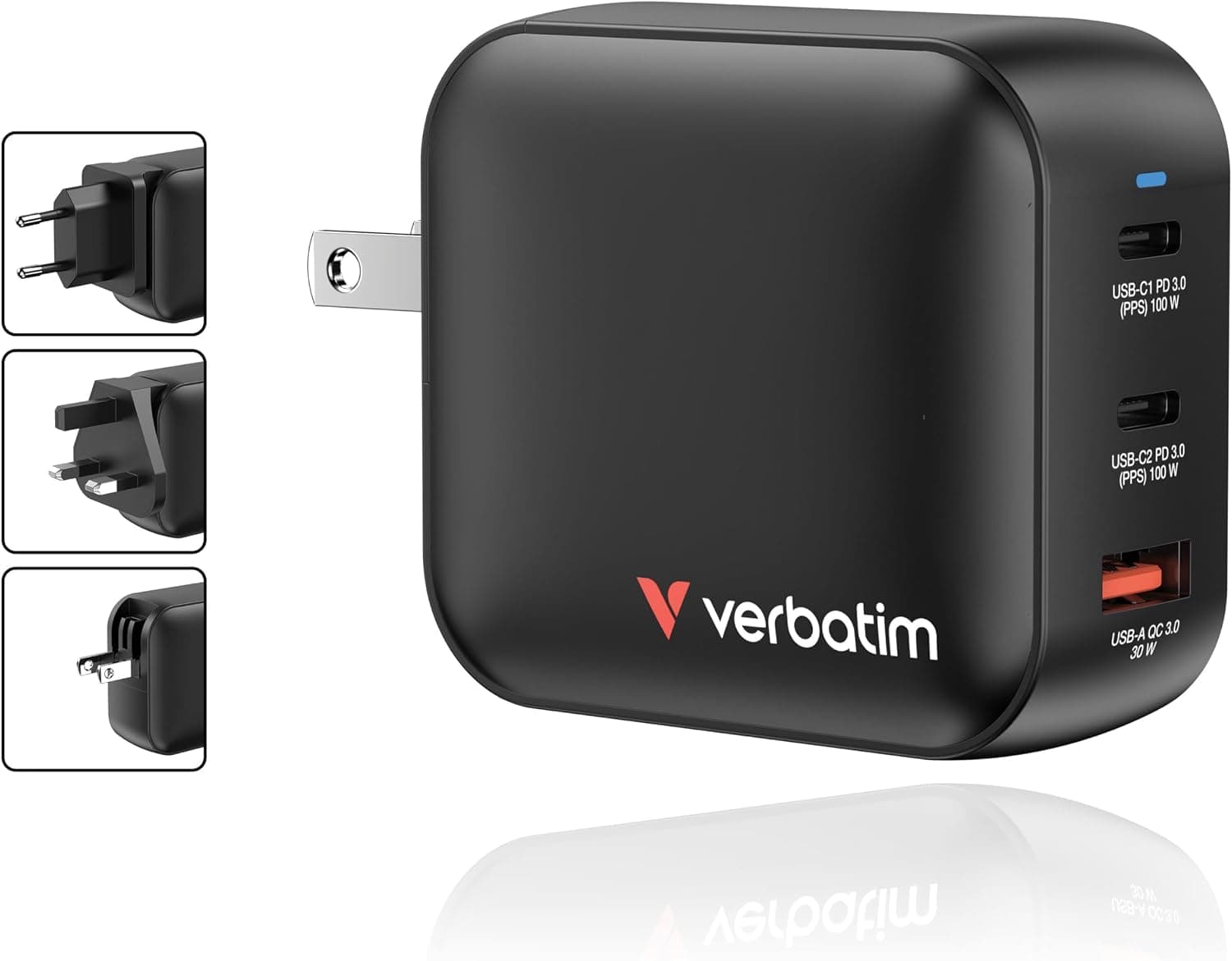 Verbatim Mini GaN Chargeur de 100W, Chargeur USB-C à 3 Ports, Adaptateur Secteur avec 2 x USB-C et 1 x USB-A, Chargeur Rapide Universel (UE, UK, US), pour Ordinateur Portable, Tablette, Smartphone