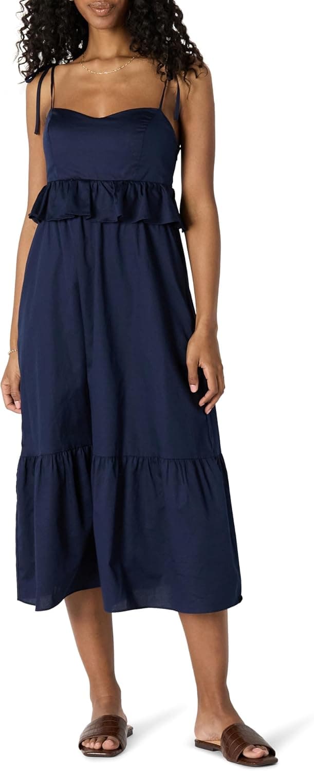 Amazon Essentials Robe Longue Ajustée et Évasée en Satin de Coton, Col en Cœur et Taille Empire Femme