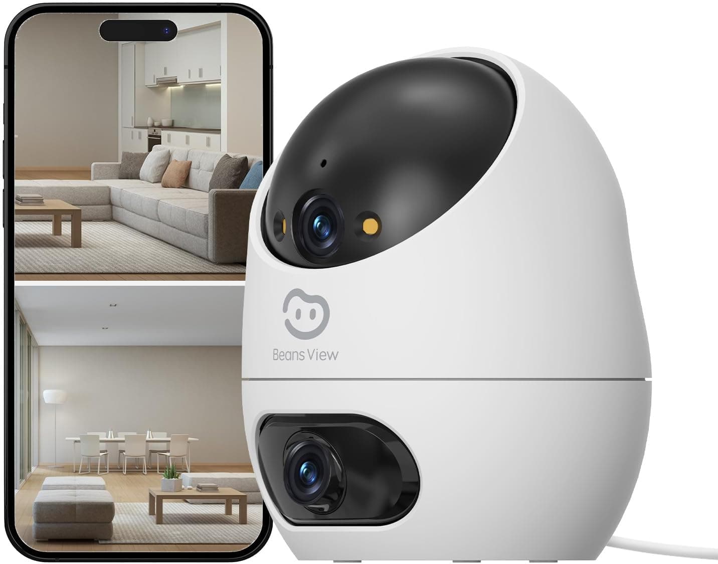 Beans View Caméra Intérieure 2K+2K (3MP+3MP) à Double Objectif, Caméra de Sécurité 360°, Vision Nocturne Couleur, Détection de Personne, 2.4GHz WiFi Caméra de Surveillance, Compatible Alexa D220