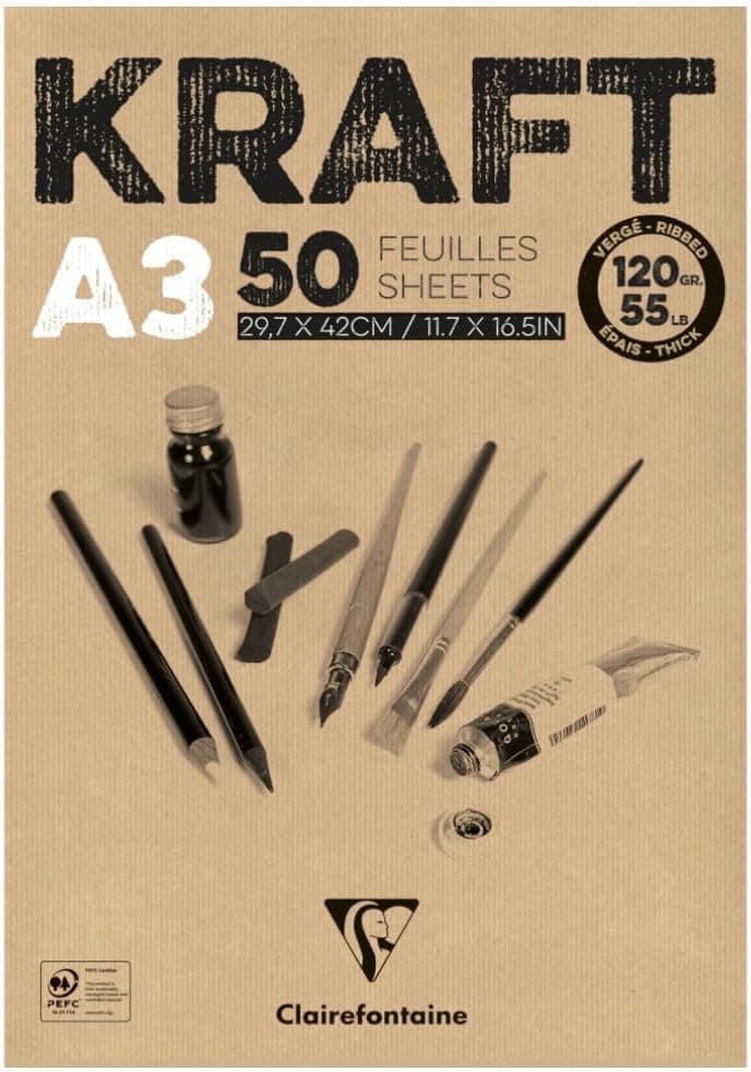 Clairefontaine 975816C Bloc Encollé Papier Kraft - 50 Feuilles Papier Kraft Vergé Brun A3 29,7x42 cm 120g - Papier Double Face pour le Croquis et le Dessin