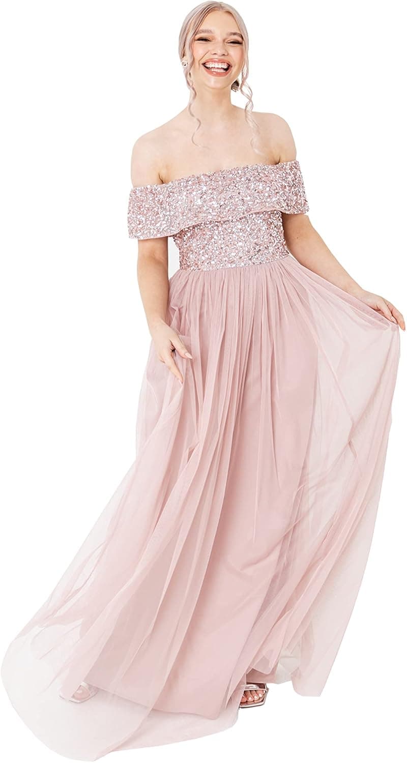 Maya Deluxe Maya Berry Bardot Embellished Maxi Dress Robe de Demoiselle d'honneur Femme
