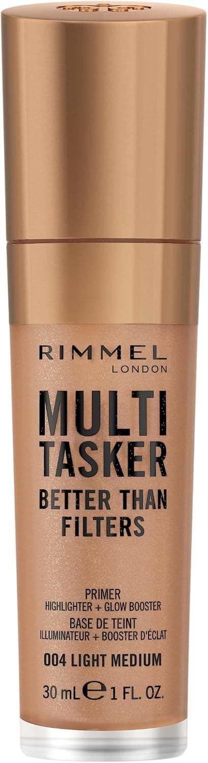 Rimmel Multi-Tasker Better Than Filters, 004 Light Medium, Base de Teint, Booster d’Éclat et Highlighter, formule vegan, léger, pigments réflecteurs de lumière, grand applicateur doux, 30 ml