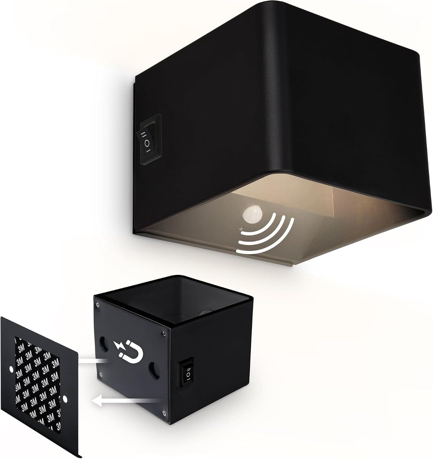 BRILONER Sticklights - Lampe murale sans électricité ni perçage avec détecteur de mouvement, batterie, sans fil, murale rechargeable, 10x8x10cm, noir