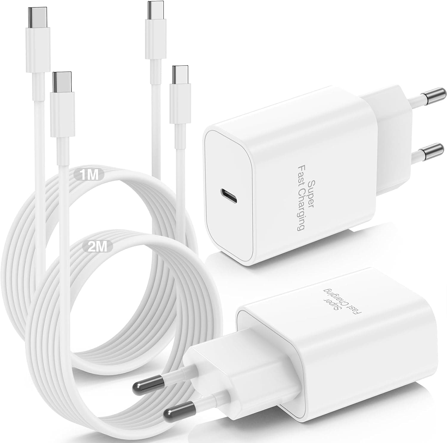 Lot de 2 45W Chargeur Rapide iPhone 17 16 15 Pro, Chargeur iPhone USB C avec 1M+2M USB C Câble pour Apple iPhone 17 Pro Max/17 Air/16 Plus/15/iPad/Mini/Samsung Galaxy S25/S24, Prise Adaptateur Secteur