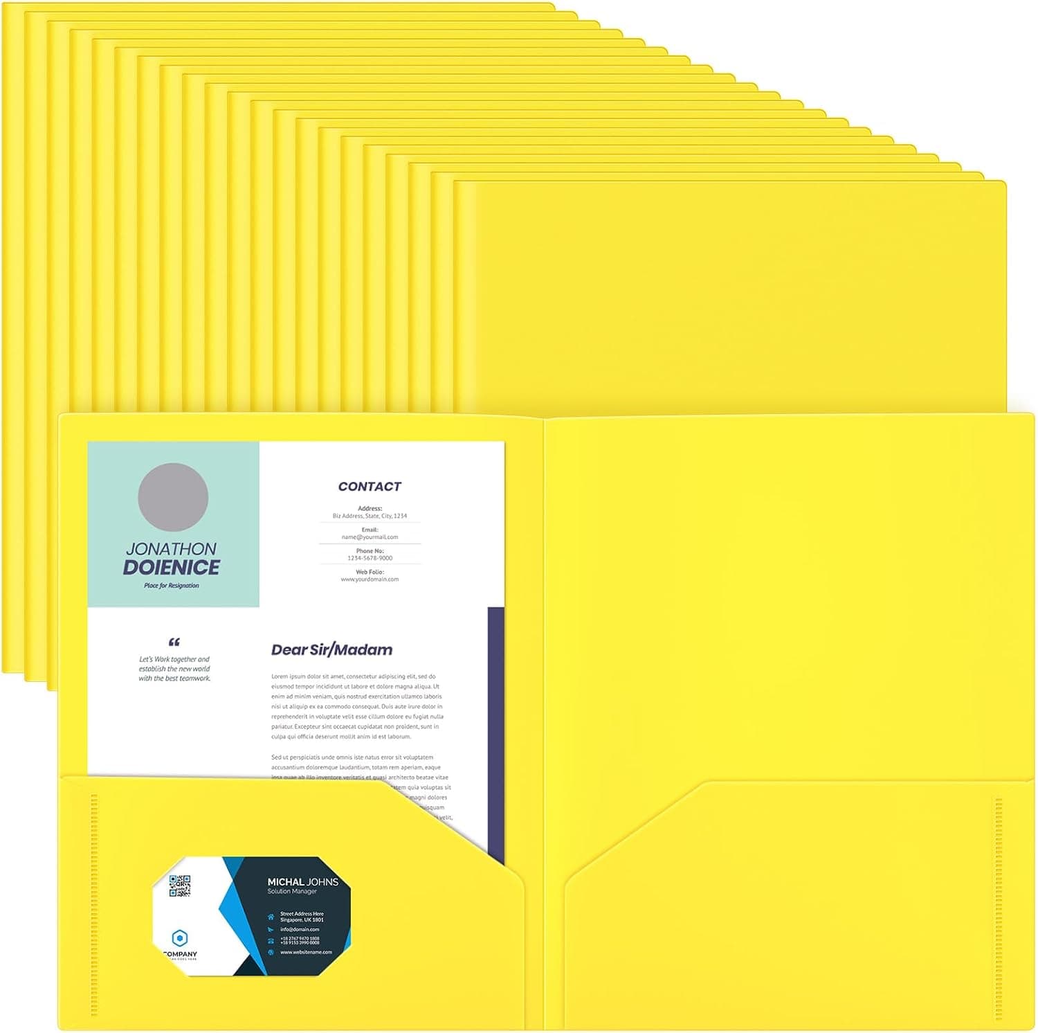 Gueevin Lot de 24 dossiers en plastique robuste avec poches, deux poches pour format lettre, porte-cartes de visite pour école, bureau, maison, 29 x 24 cm (jaune)