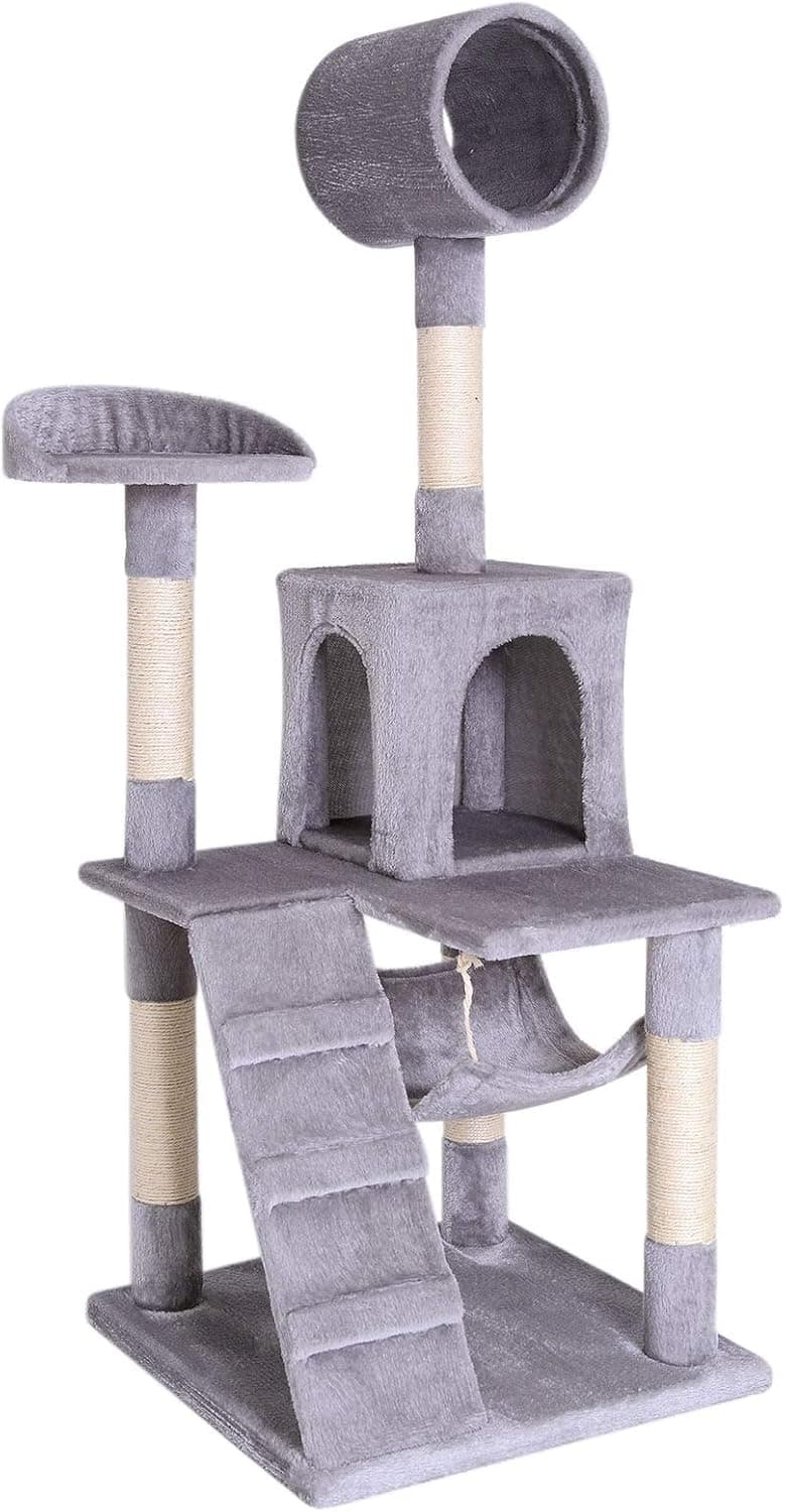 lionto Arbre à Chat avec hamac et Tunnel, Hauteur 133 cm, Arbre avec Corde en sisal et Peluche Douce, Surfaces de Repos et niches Confortables, pour Petits et Grands Chats, Gris Clair