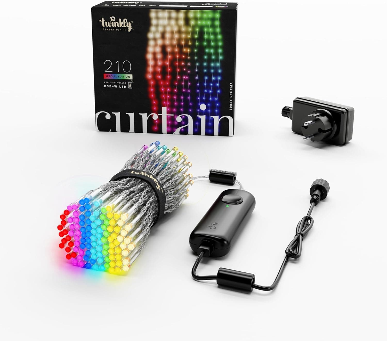 Twinkly Curtain 210 LED RGB+Blanc, Guirlande LED Extérieure et Intérieure, Lumières Smart RGB et Blanc, Compatible avec Alexa, Google Home, IP44, Contrôle App, Fil Transparent, 1.5m x 2.1m