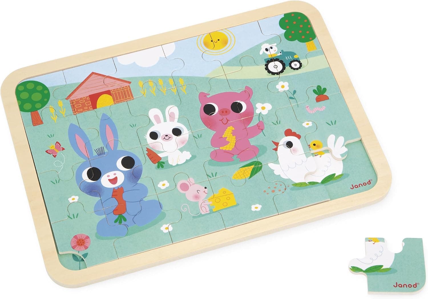 Janod - Puzzle en Bois 24 Pièces Enfant Dès 4 Ans - Thème Ferme - Modèle Inclus + Jeu des 5 Erreurs sur Le Plateau - Développe la Concentration et l'Observation - Produit FSC - J07126