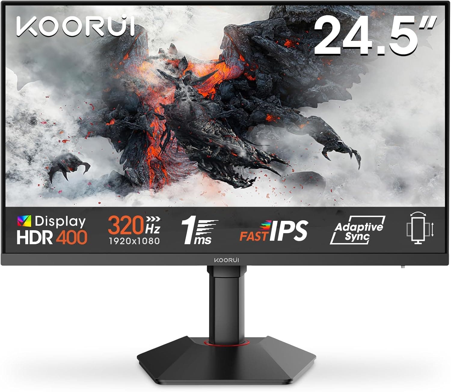 KOORUI G2511E Ecran PC Gamer 25 Pouces, 320Hz, Fast IPS, FHD 1080P Ecran Gaming, 1ms, HDR400, Adaptive Sync, Compatible VESA 75x75mm, HDMI 2.0/DP1.4, Réglage en Hauteur