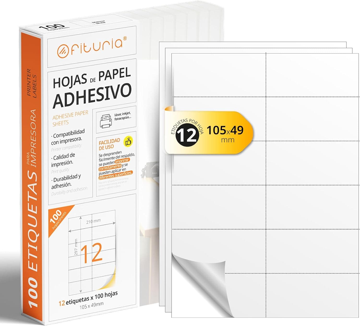 Feuilles A4 d'Étiquettes Adhésives Blanches, Créez vos Autocollants Personnalisés toute Surface, Papier A4 Adhésif Sécurisé, Étiquette Adhésive à Imprimer - Ofituria (12 par feuille, 100 feuilles)