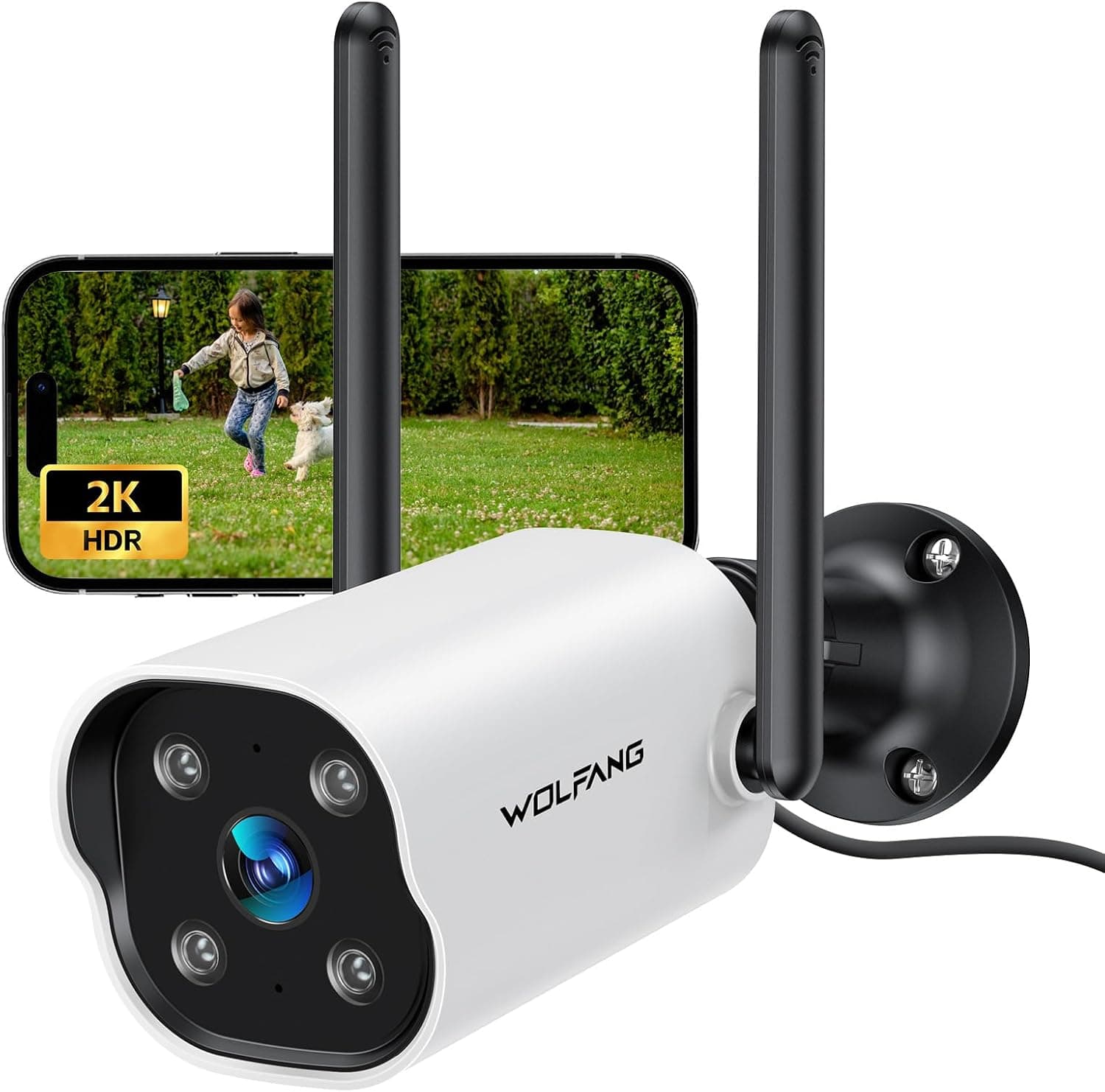 WOLFANG 2K Caméra Surveillance WiFi Exterieure, Camera exterieur Filaires Vision Nocturne Couleur, AI&PIR Détection Mouvement, Audio Bidirectionnel, Enregistrement 24/7, avec Alexa/Google, Cloud, IP65