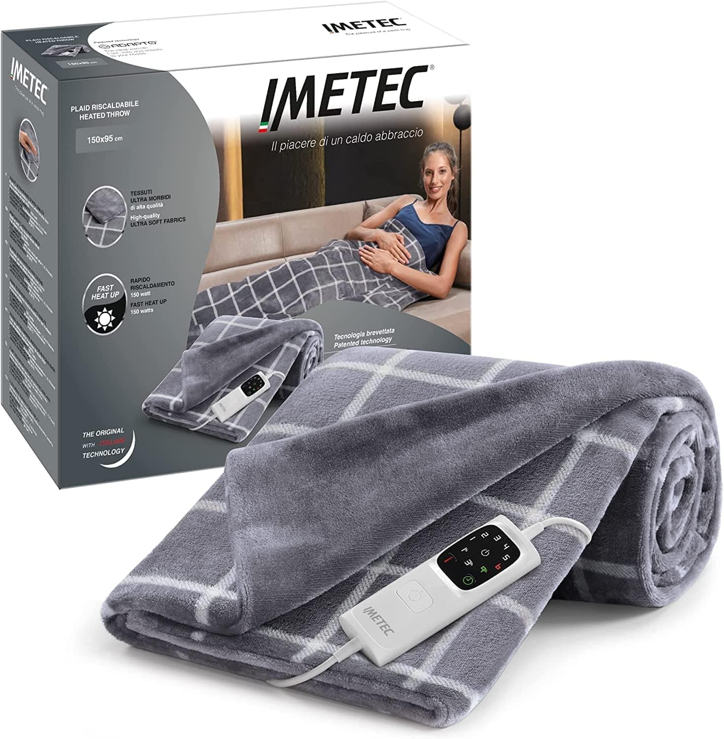 Imetec Couverture Chauffante Adapto Velvet Squares - Plaid chauffant 150x95 cm - 6 Températures, Motif Carreaux, Tissu Toucher Velours, Anti Surchauffe, Chauffage Rapide 150 W