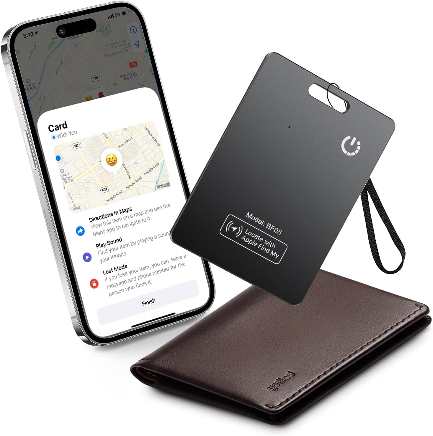 CASCHO Lot de 1 Wallet Tracker Carte | Certifié MFi,Air Smart Traceur Tag Compatible avec Apple Localiser (iOS Uniquement),Carte Localisateur d'Objets Rechargeable pour Portefeuille,Valise,Sac,Noir