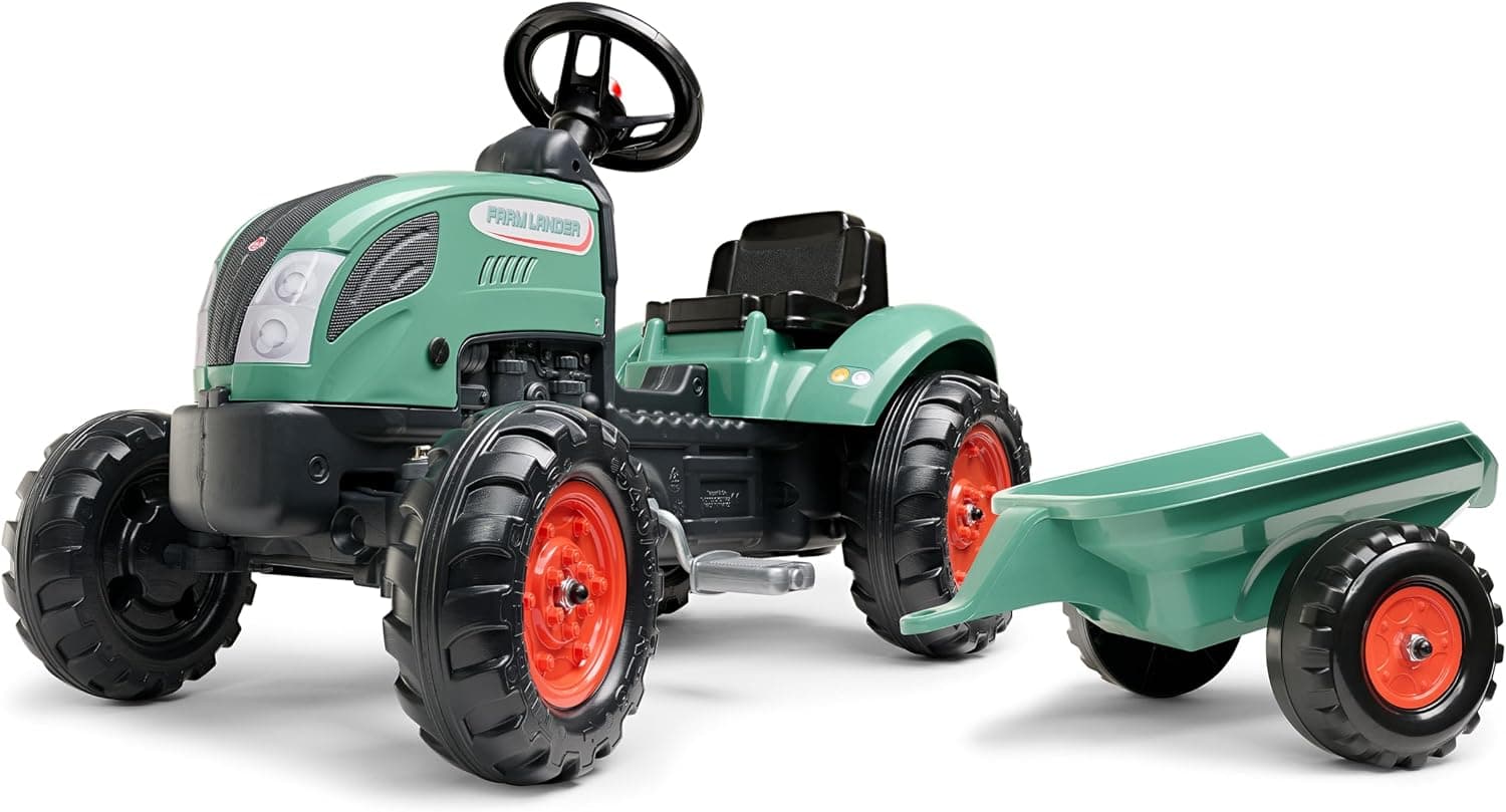 Falk - Tracteur à pédales Farm Lander avec remorque - Dès 2 Ans - 50% de Plastique recyclé - Fabriqué en France - Volant avec klaxon - 2054L, Vert foncé | Fabriqué en France - Tracteur enfant - 50% de Plastique recyclé - Jeux exterieur - Volant avec klaxon - Jouet 2 ans - 2054L