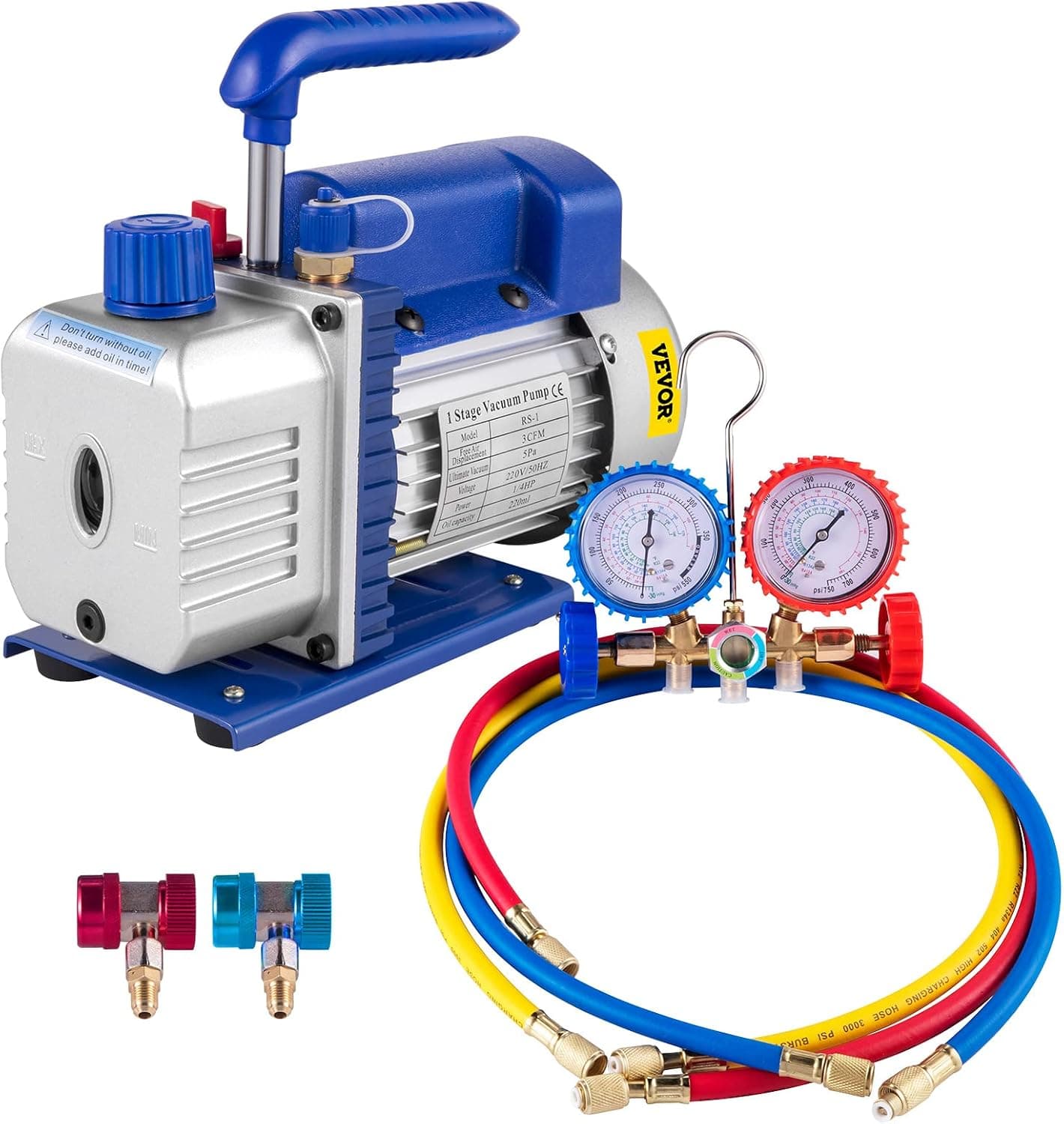 VEVOR Pompe à Vide Climatisation 3 CFM 1/4 HP Pompe à Vide Réfrigération 85 L/Min HVAC 1 Étage avec Jauge de Collecteur Anti-Reflux Huile pour Climatiseur Domestique Voitures Automobile Réfrigérateur