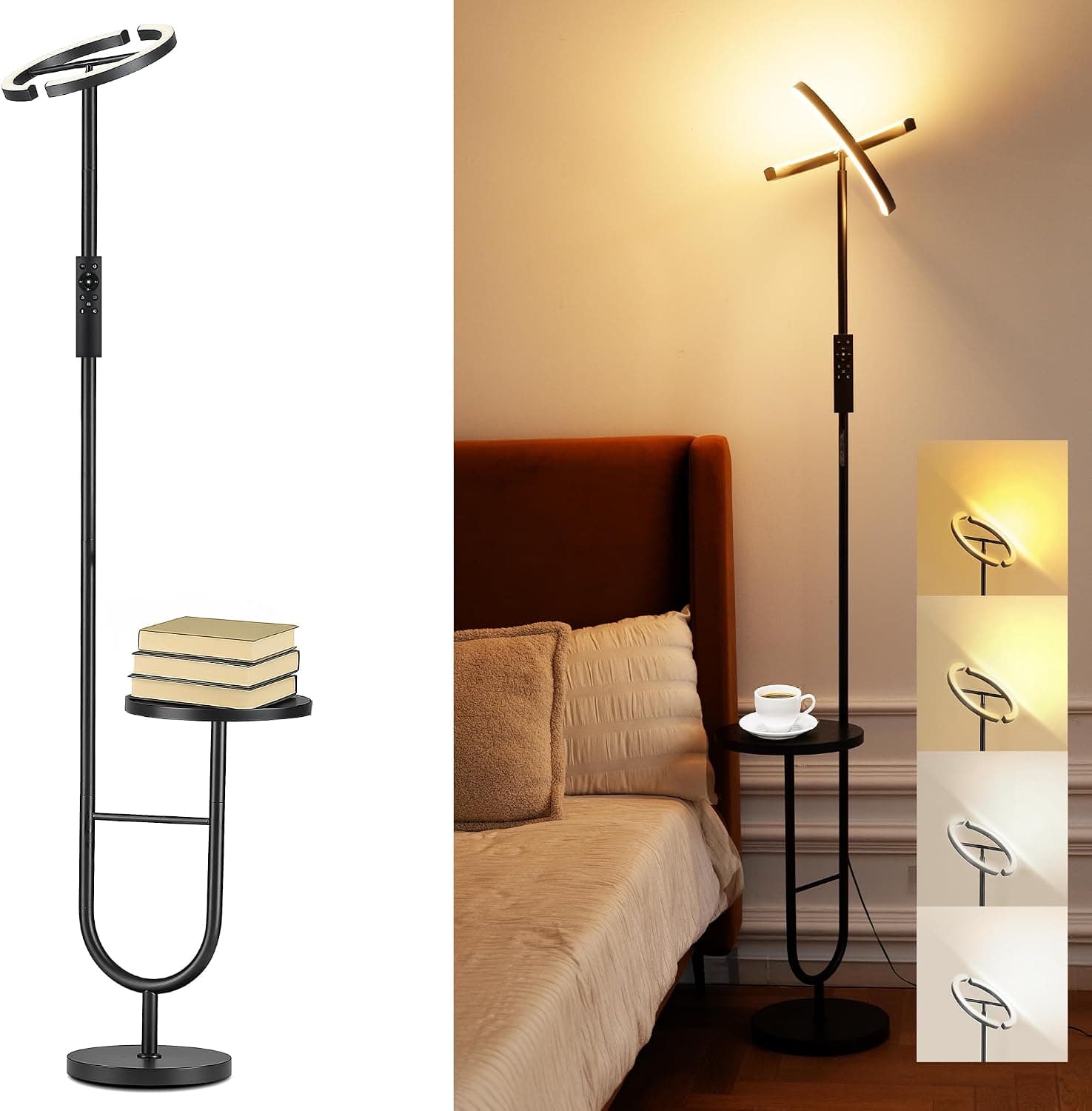 Lampadaire sur Pied Salon, Lampe LED sur Pied 36W Dimmable avec Tablette, Télécommande et Commande Tactile, Lampadaire Chambre Noir, 4 Températures de Couleur, Tête Orientable 360° AVEN MF19