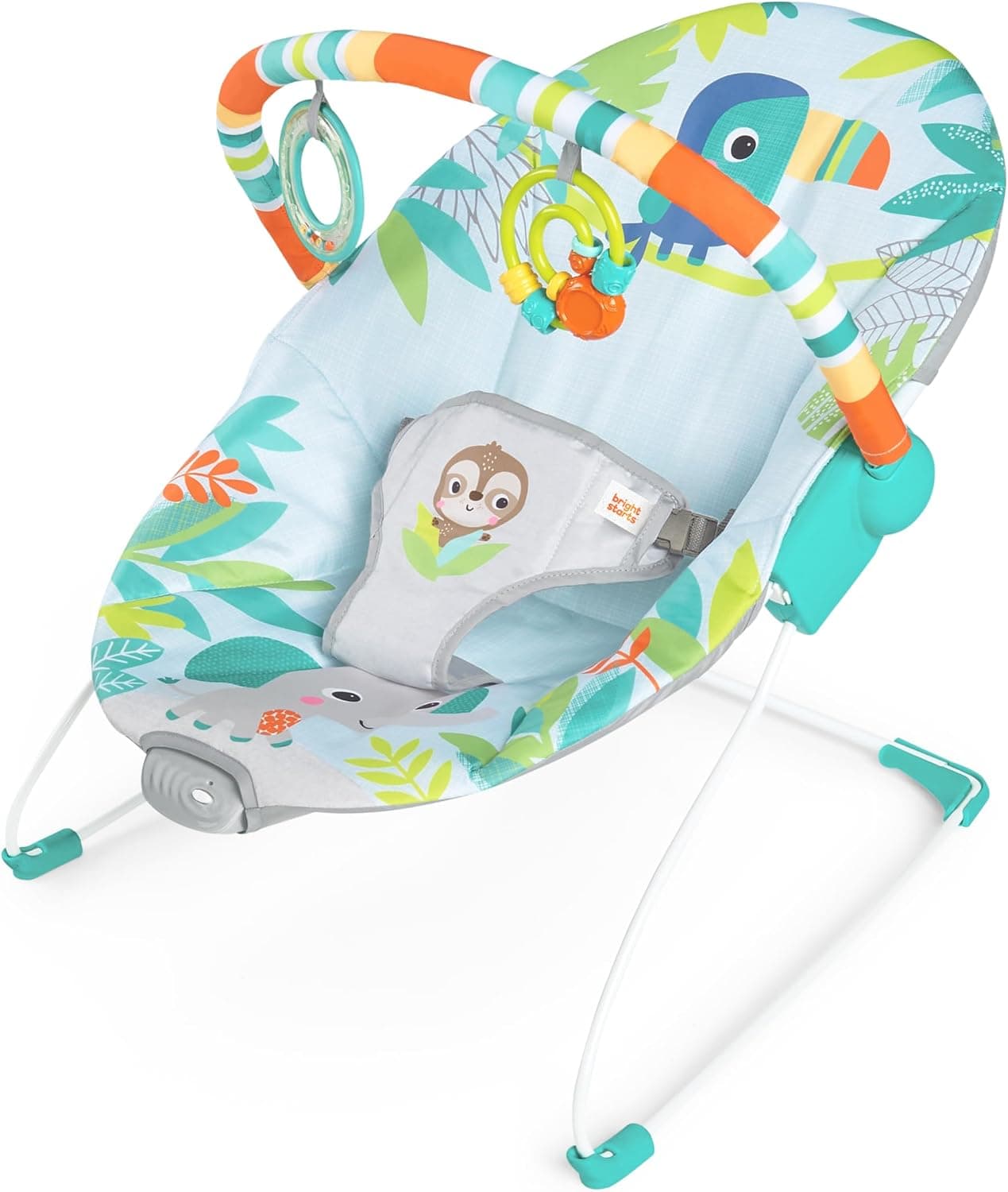 Bright Starts Transat Bébé Vibrations Apaisantes, Barre de Jouets Amovible, Pieds Antidérapants, 0-6 Mois Jusqu'à 9 kg (Rainforest Vibes)