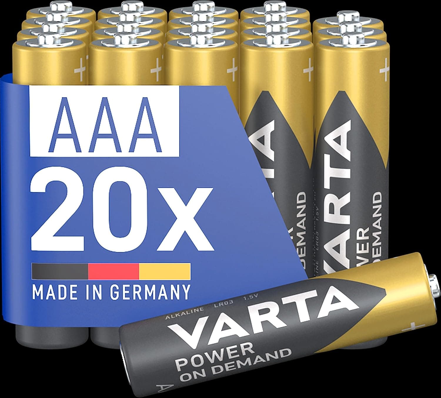 VARTA Piles AAA, lot de 20, Power on Demand, Alcalines, 1,5V, pack de stockage, pour accessoires informatiques, smart home, lampes de poche, Made in Germany