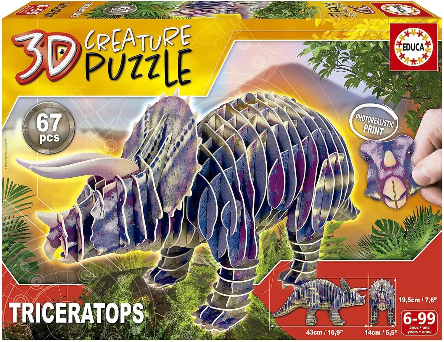 Educa - Puzzle 3D Triceratops 3D Creature Puzzle, Puzzle pour Enfants (Casse-tête pour Développement, Agilité et Amusement Les garçons et Filles (19183)