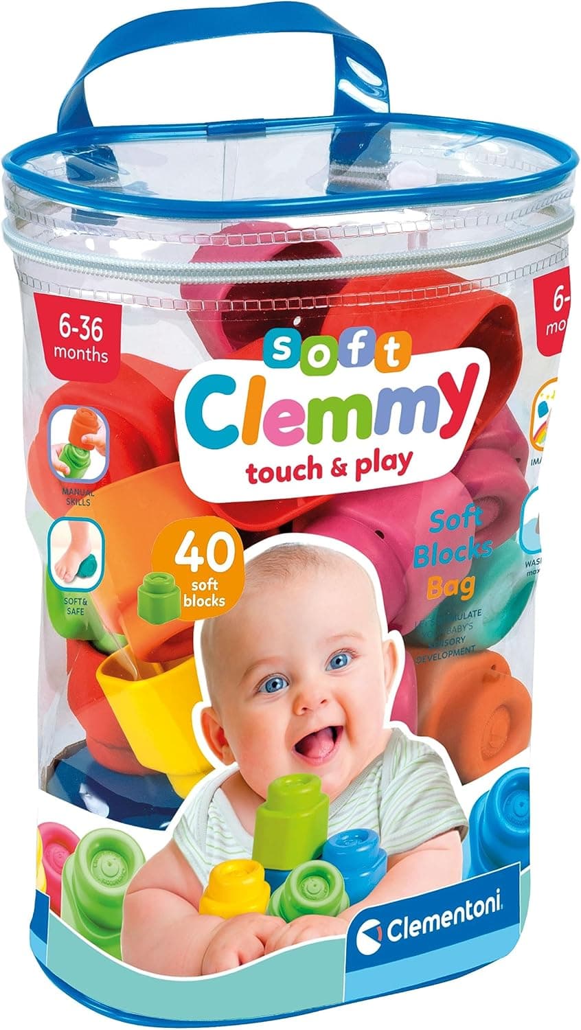 Clementoni Clemmy - Sac 40 Blocs de Construction - Touch & Play Sensoriel - 6-36 Mois