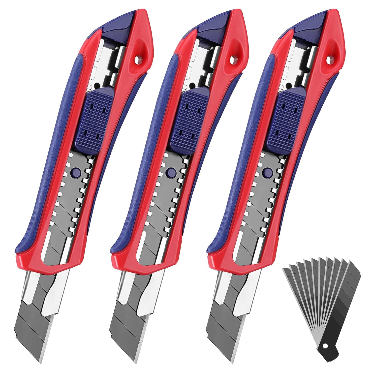 WORKPRO Lot de 3 Cutters Professionnels, Couteau Utilitaire Rétractable 18mm, Positions de Verrouillage, Cuter Rétractable, 10 Lames de Rechange Comprises, Idéal pour Papier, Carton, Trois Couleurs