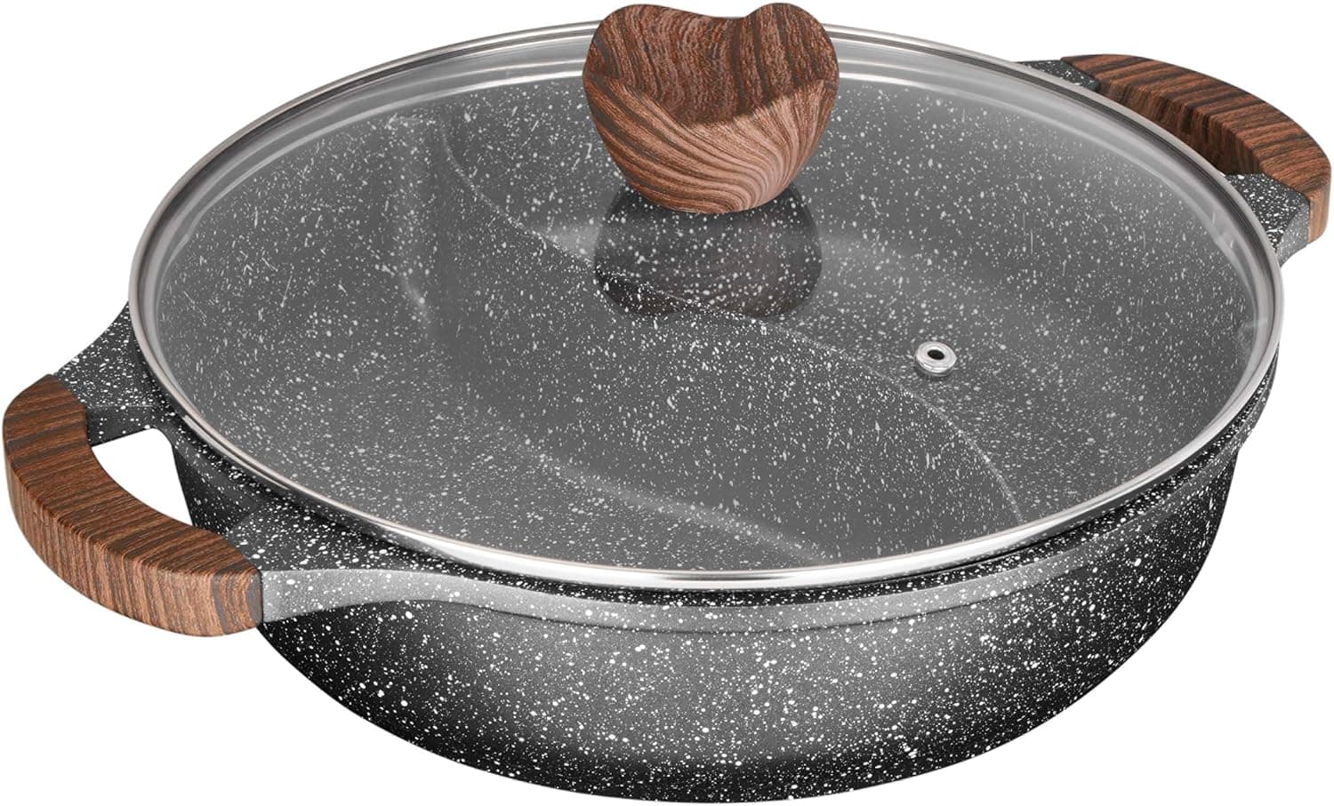 Sitram 716948 Sauteuse 2 compartiments Ø28 cm en fonte d’aluminium – Revêtement anti-adhérent sans PFOA effet pierre – Marmite Shabu avec couvercle en verre – Tous feux dont induction