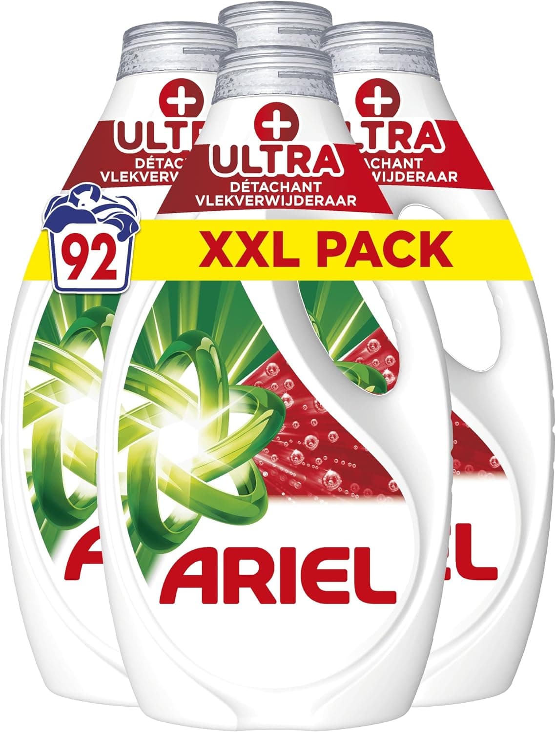 Ariel Lessive Liquide, 4x23 = 92 Lavages, +Ultra Détachant, Élimine Les Taches Incrustées, Même Après 7 Jours, Fabriqué En France