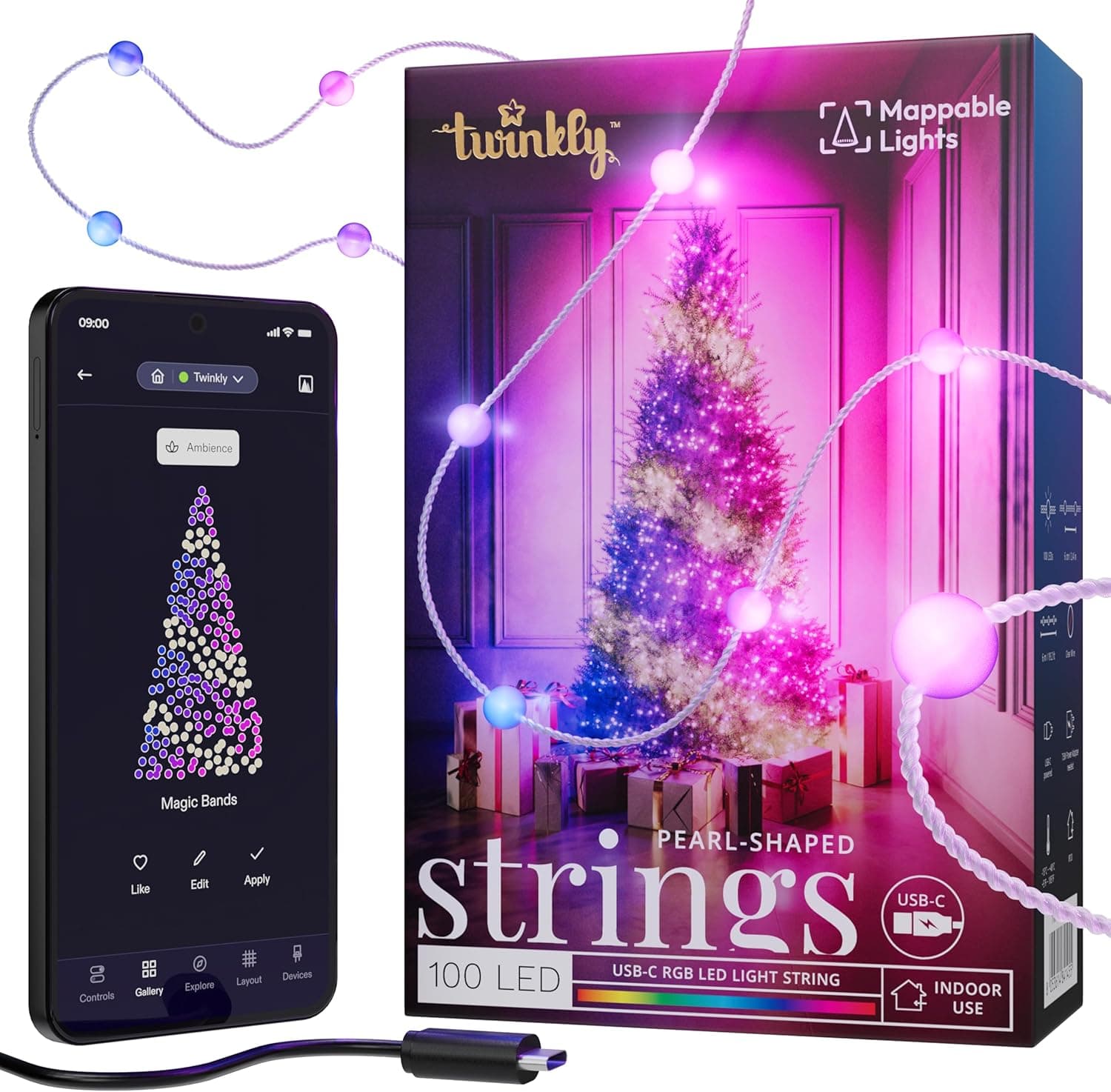 Twinkly Strings USB-C Pearls 100 LED, Guirlande Lumineuse en Forme de Perle, Fil LED Multicolore RGB, Lumières Saint-Valentin, Compatible avec Alexa, Google Home, USB C, Fil Transparent, 6m