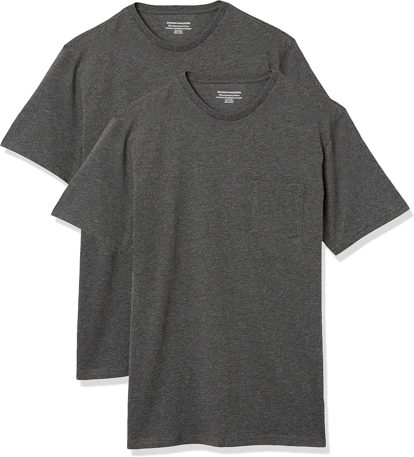 Amazon Essentials T-shirt coupe droite à encolure ronde et manches courtes, avec poche Homme, Lot de 2