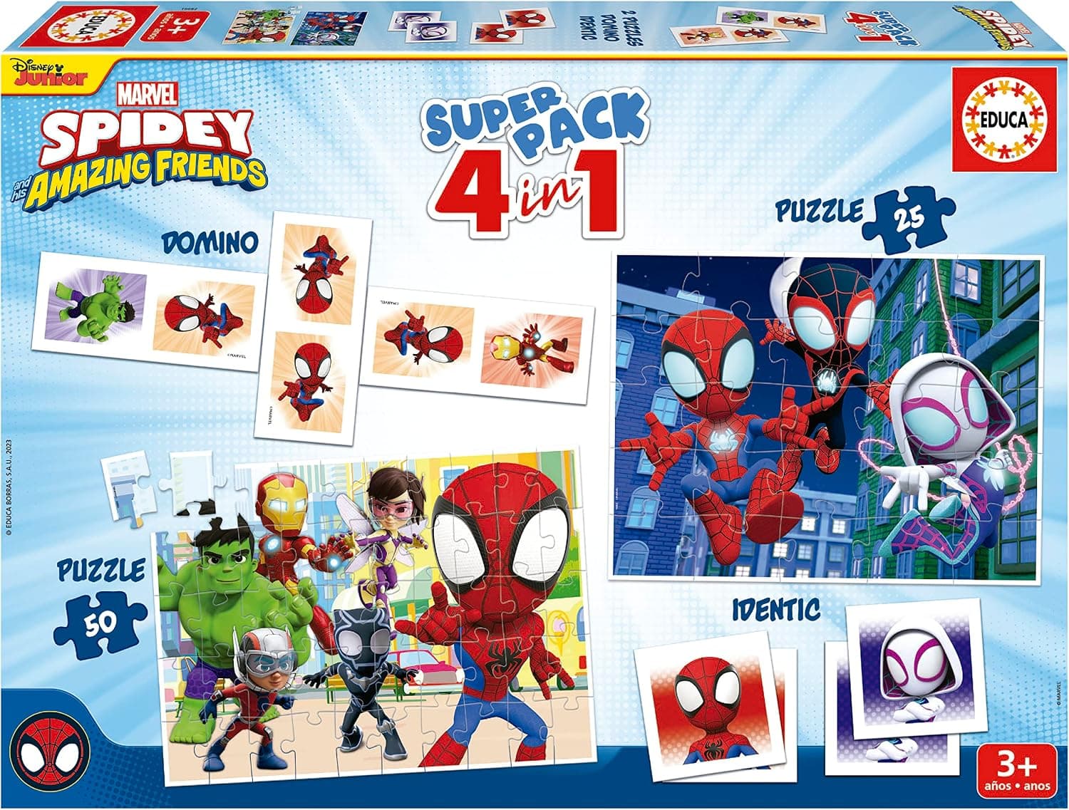 Educa - Superpack Spidey & Friends 4 en 1 | Coffret Jeux Enfants Marvel : 2 Puzzles 25 et 50 pièces, Domino 28 pièces, Jeu Mémoire 28 Cartes | Licence Marvel | Dès 3 Ans (19682)